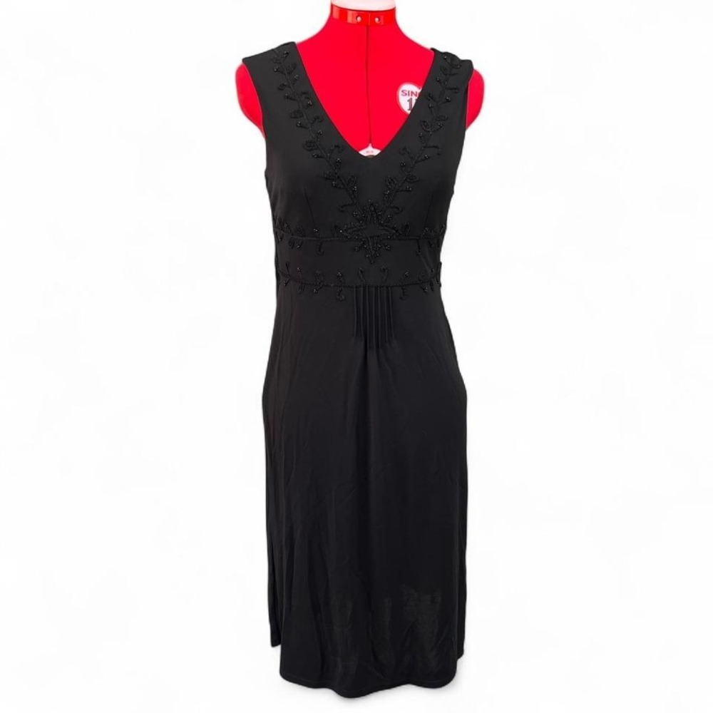 Ann Taylor Loft Black Beaded Embroidered Dress Sleeveless Midi V Neck Size 2‎